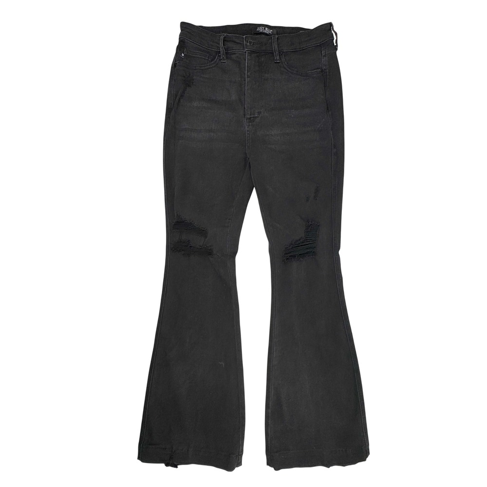 Judy Blue Black Distressed High Rise Flare Jeans Stretch Denim Size 13 31x32